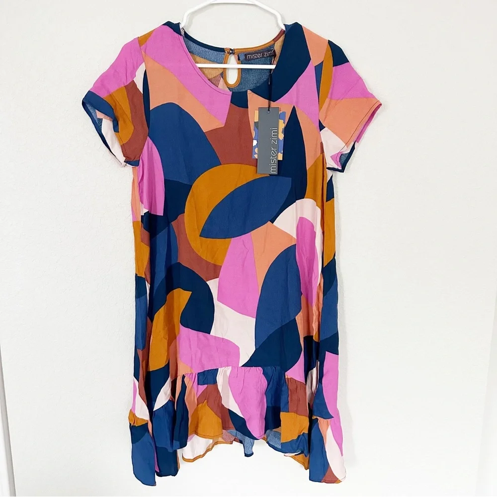 NWT Mister Zimi Klare Dress in Abstract Leaf Print Pink Ruffle Sz 8 AUS 4 US - Picture 1 of 7